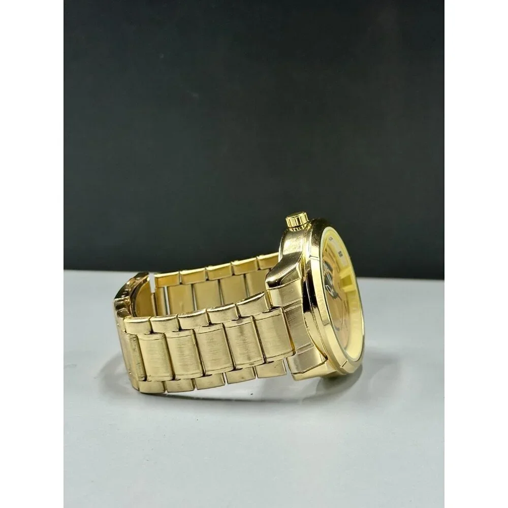 Techno Pave Watch Men Gold Tone Date Window 46MM Case New Battery 7.25